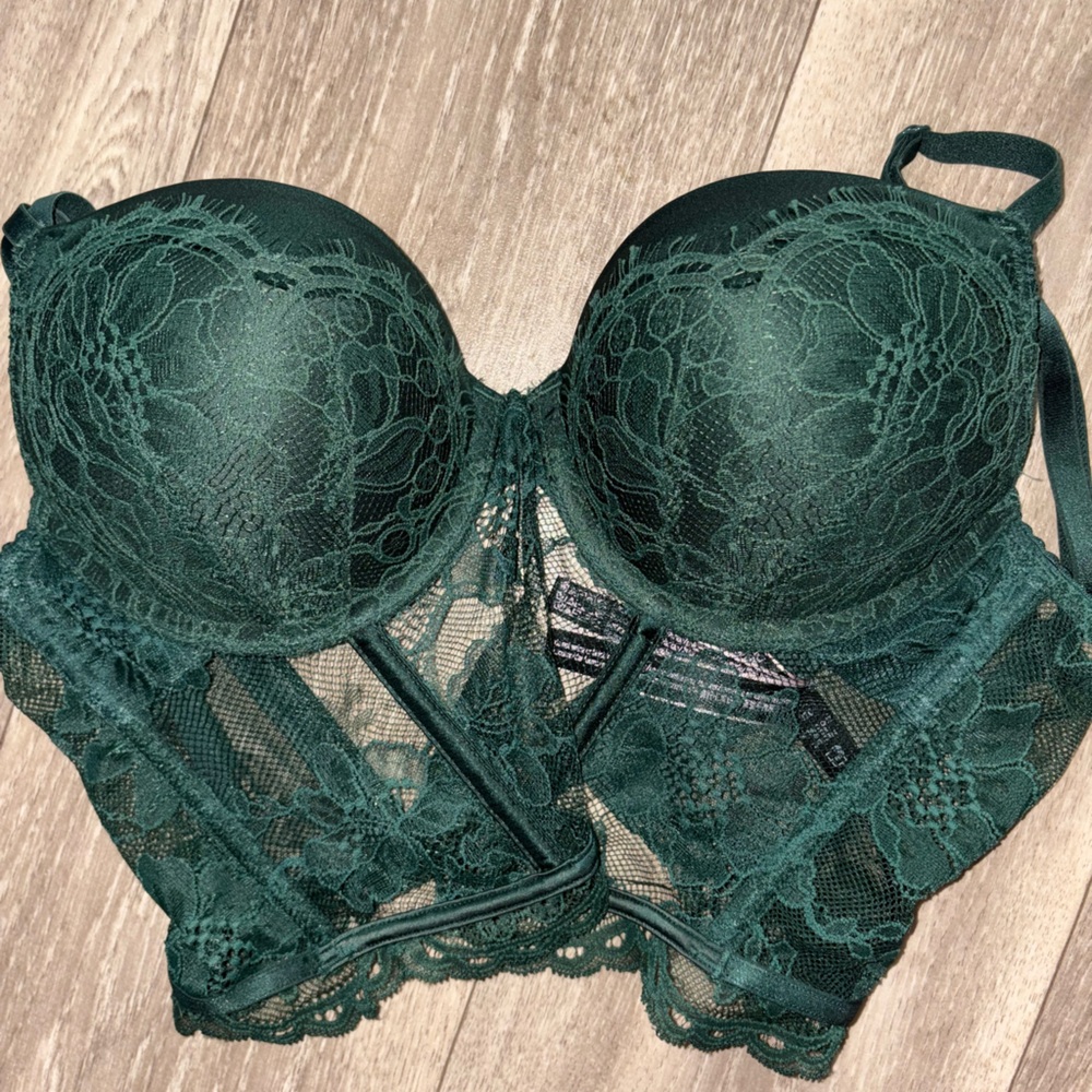 Victoria's Secret Deep Green Lace Push up Bra corset top 32C